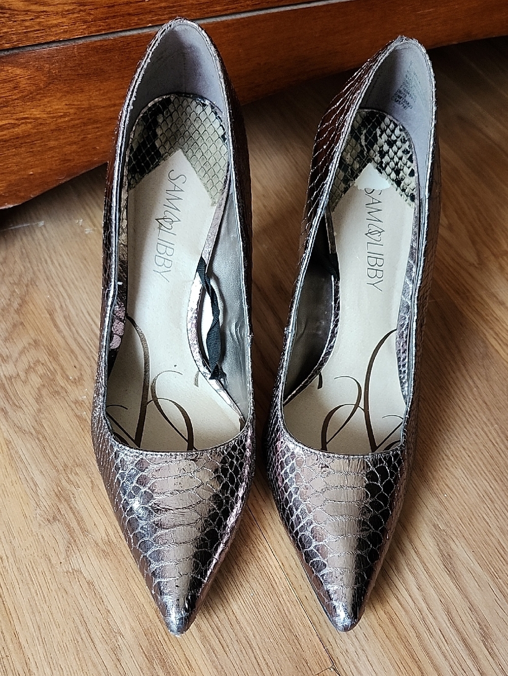 Sam & Libby Metallic Bronze Snakeskin Pointed-Toe Pumps